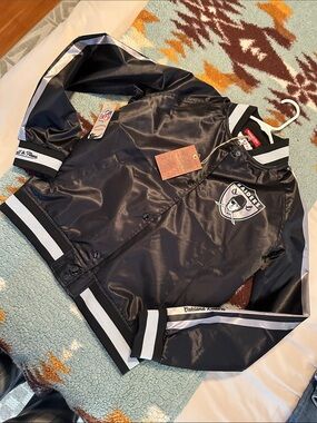 new WOMENS small OAKLAND Raiders Satin Jacket Black Silver  mitchell ness vegas